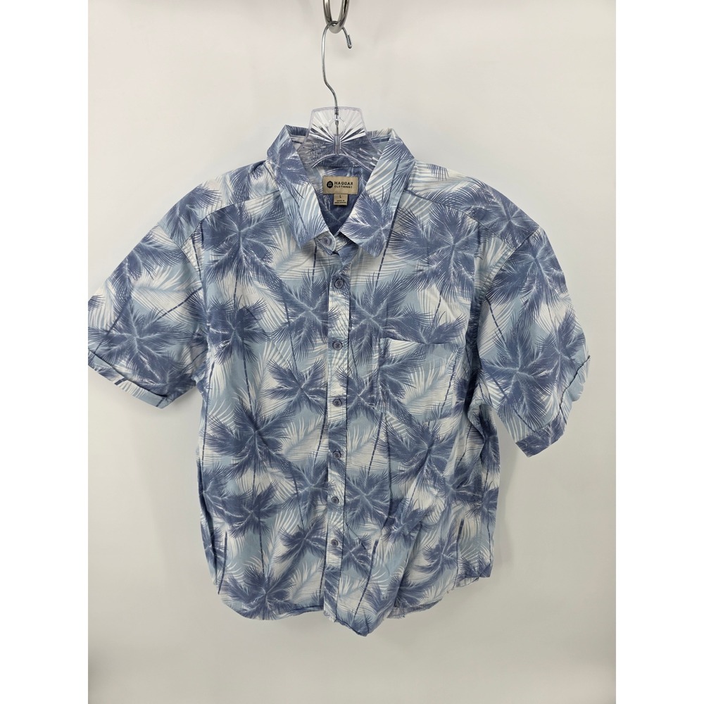Haggar Mens Blue Palm Tree Print Short Sleeve Button Down Shirt Large